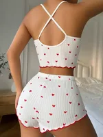 Sexy Heart Print Pajama Set for Women Sleepwear Silk Stain V-Neck Sleeveless Casual Cami Top and Shorts Sets Loungewear - Image 6