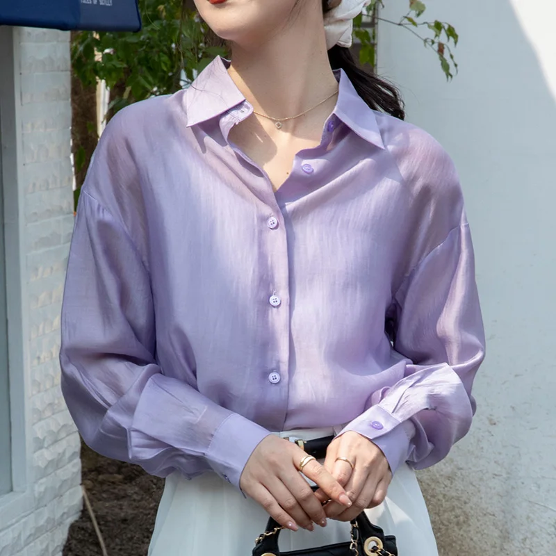 

Casual Loose White Purple Woman Blouse New Fashion Long Sleeve Silk Women's Shirts Button Up Female Clothing Blusas 28093