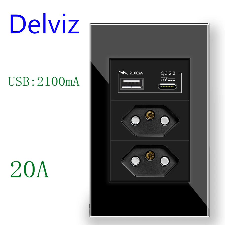 Delviz 20A Electric plug Wall Socket, 3A USB Ports,120mm*72mm Crystal glass Panel,Brazil Standard Type C USB Quick charge Outlet