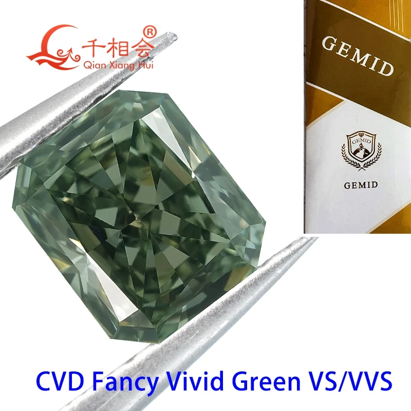 CVD 다이아몬드, GEMID 인증, 실험실 재배 다이아몬드, 루즈 스톤, 팬시 비비드 그린, 1.2ct, VS1 선명도, 빛나는 모양