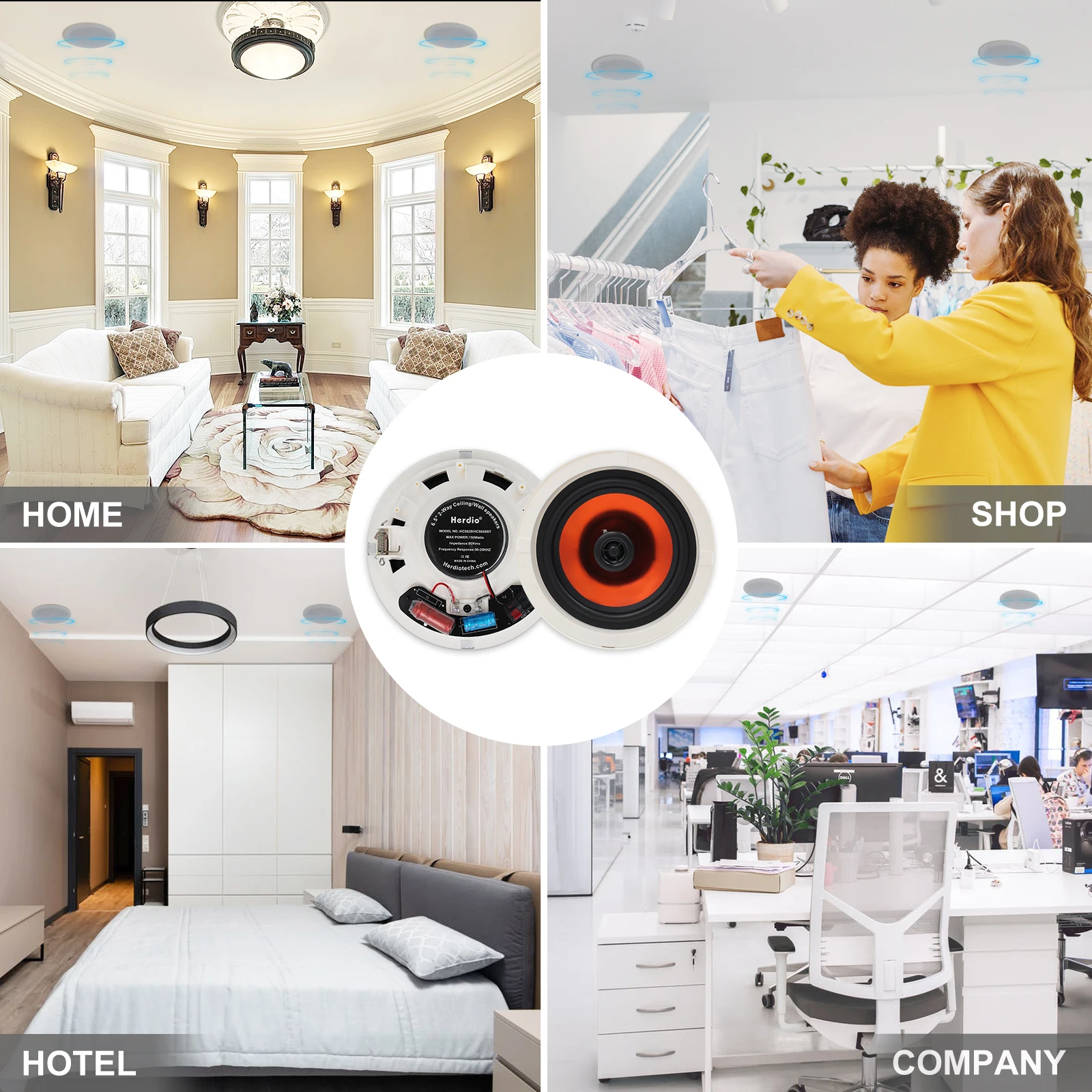 6.5 Inches 300W Round Bluetooth Ceiling Speakers 2 Way Flush Mount Stereo Sound Speaker For Bedroom Home Living Room Bathroom