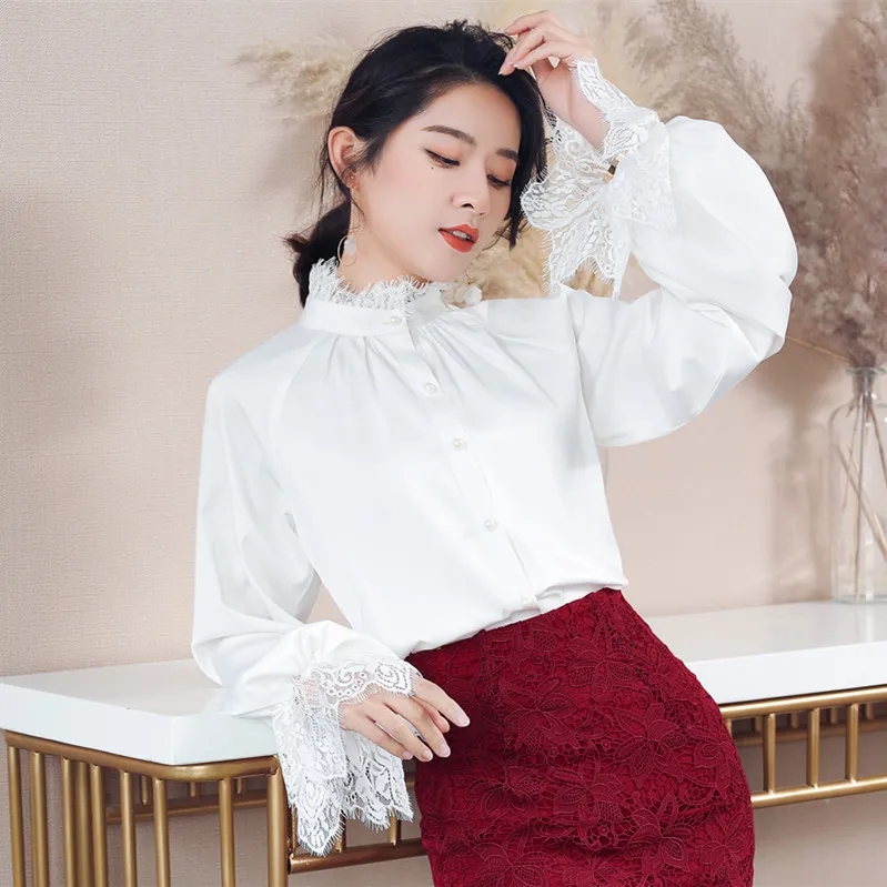 TIYIHAILEY Free Shipping 2022 Fashion White Chiffon And Lace Lantern Full Sleeve Spring Autumn Women Shirt Tops Single Breasted