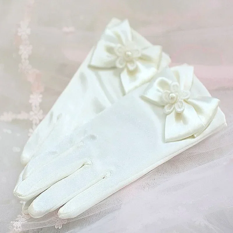 Sweet satin flower child gloves white gloves for kids children girls wedding with bow kids fashion children's mittens satin gloves children gloves