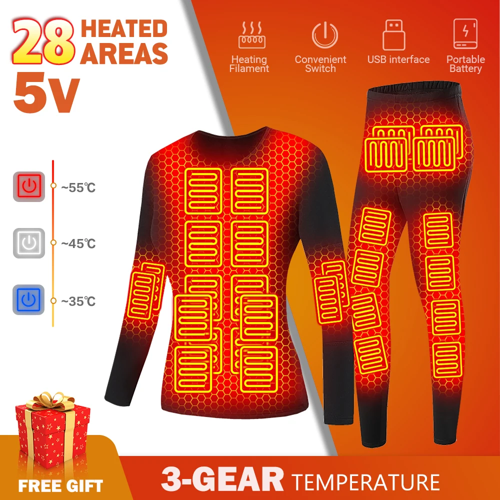 28 Area Winter Thermal Heated Jacket Women Vest Heated Underwear USB Electric Heating Clothing Men's Ski Suit Warm Pants