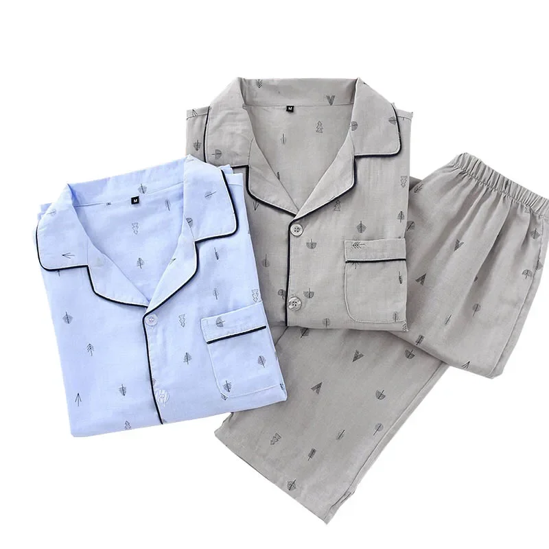 

Spring And Summer New Men's Pajamas Set Solid Color Simple Style Sapling Printed Turn-down Collar Sleepwear Men Loose Homewar