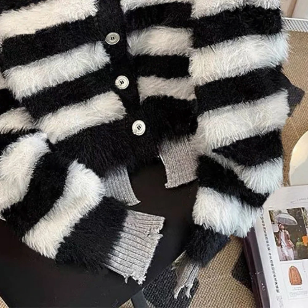 Cardigans Sweater Top Imitate Mink Wool Striped Long Sleeve Knit Korean Elegant Sweet Jacket Casual Oversize Women Clothes New