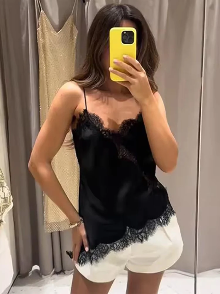 Sexy Lace Sling Tops Women's Hollow Out Sleeveless Backless Asymmetrical Hem Top 2025 Summer New Lady Fashion Short Tops