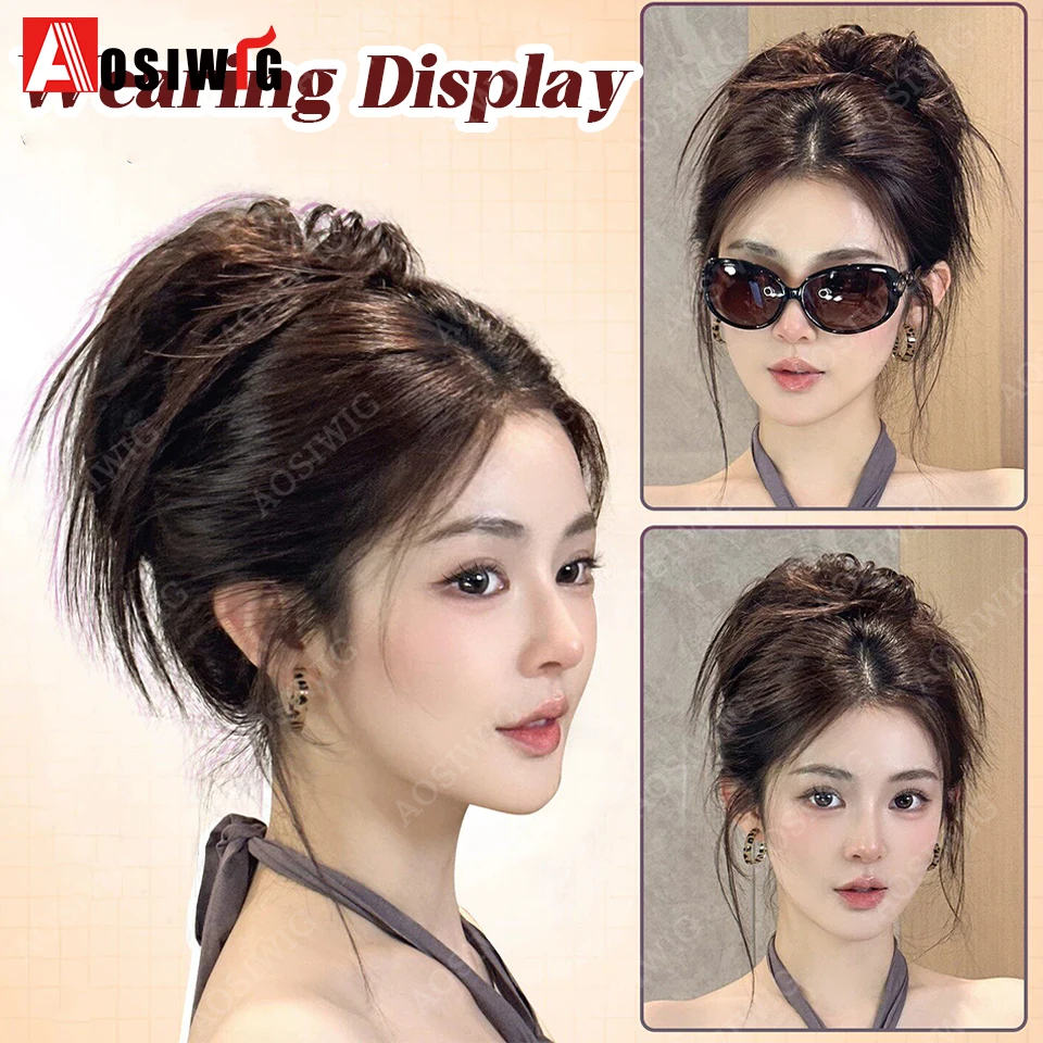 합성 메시 번 시뇽 헤어피스 Y2K 헤어 번 브라운 탄성 가발 고무줄 푹신한 포니테일 헤어 익스텐션