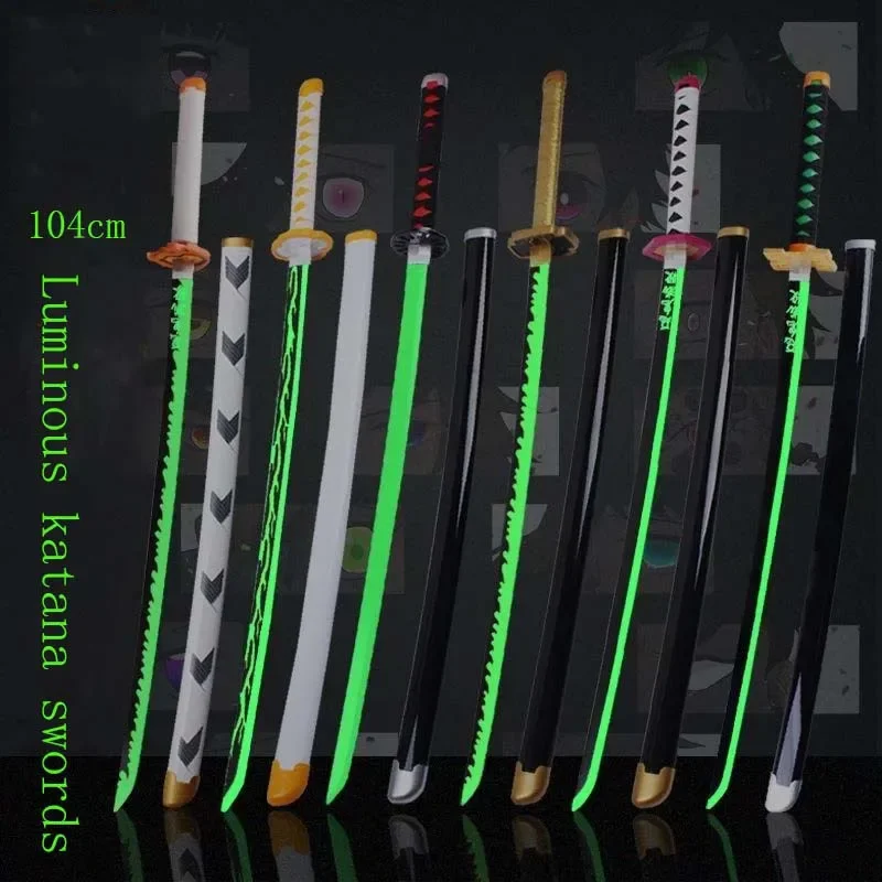 104Cm Luminoso Demon Slayer Katana Spade Anime Puntelli Cosplay In Legno Tanjirou Agatsuma Zenitsu Modello Di Arma Spada Decorazioni Per La Casa