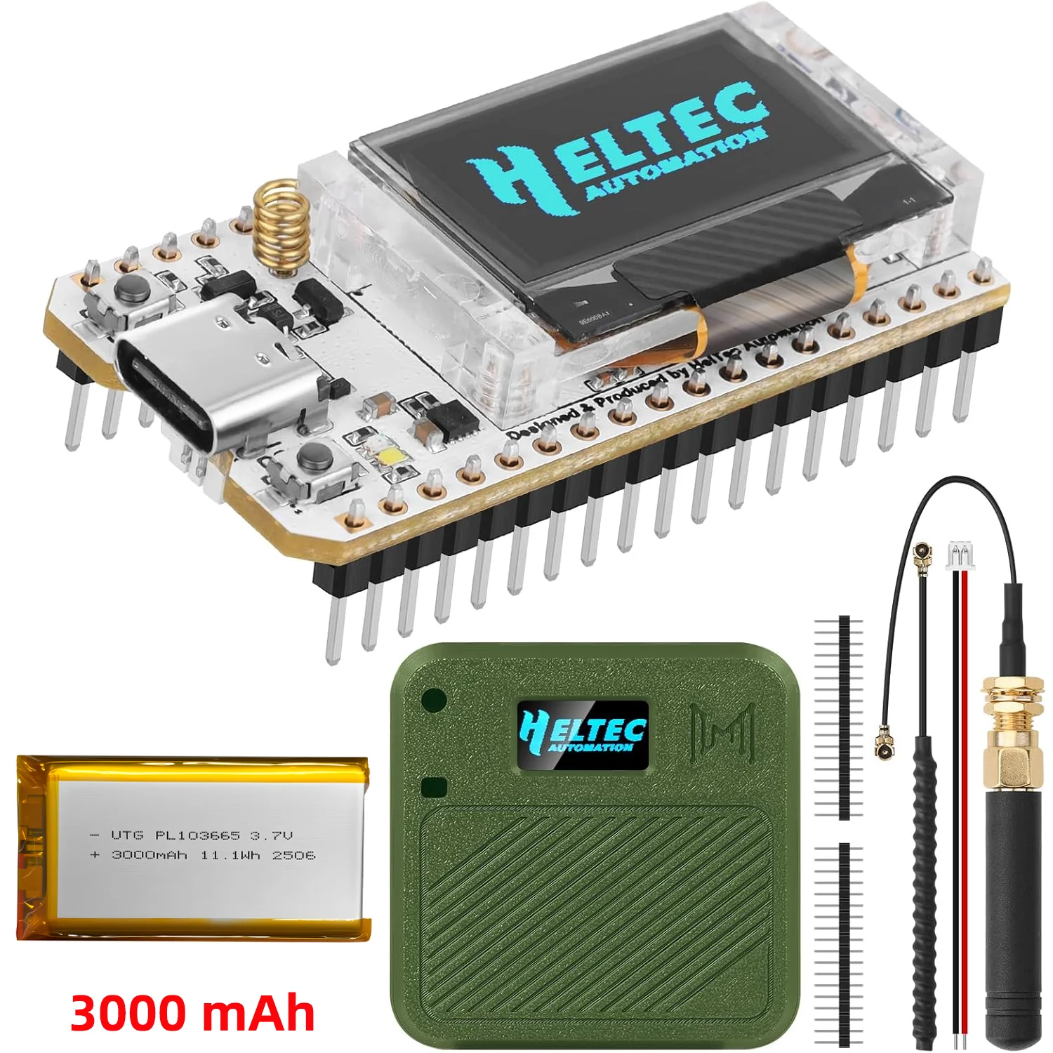 Heltec WiFi LoRa 32 V4 – ESP32-S3 + SX1262 – 27dBm – Met OLED, 3000mAh Batterij, Antenne En Behuizing – Voor Meshtastic En IoT
