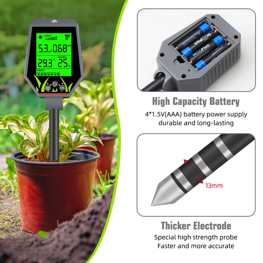 Soil Meter Digital pH Moisture Fertility Light Temp Humidity Analyzer for Garden