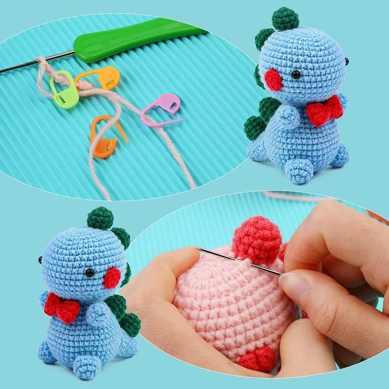 Zxiixz Dinosaur DIY Crochet Kit for Adults and Kids with Crochet Accessories and Instructions