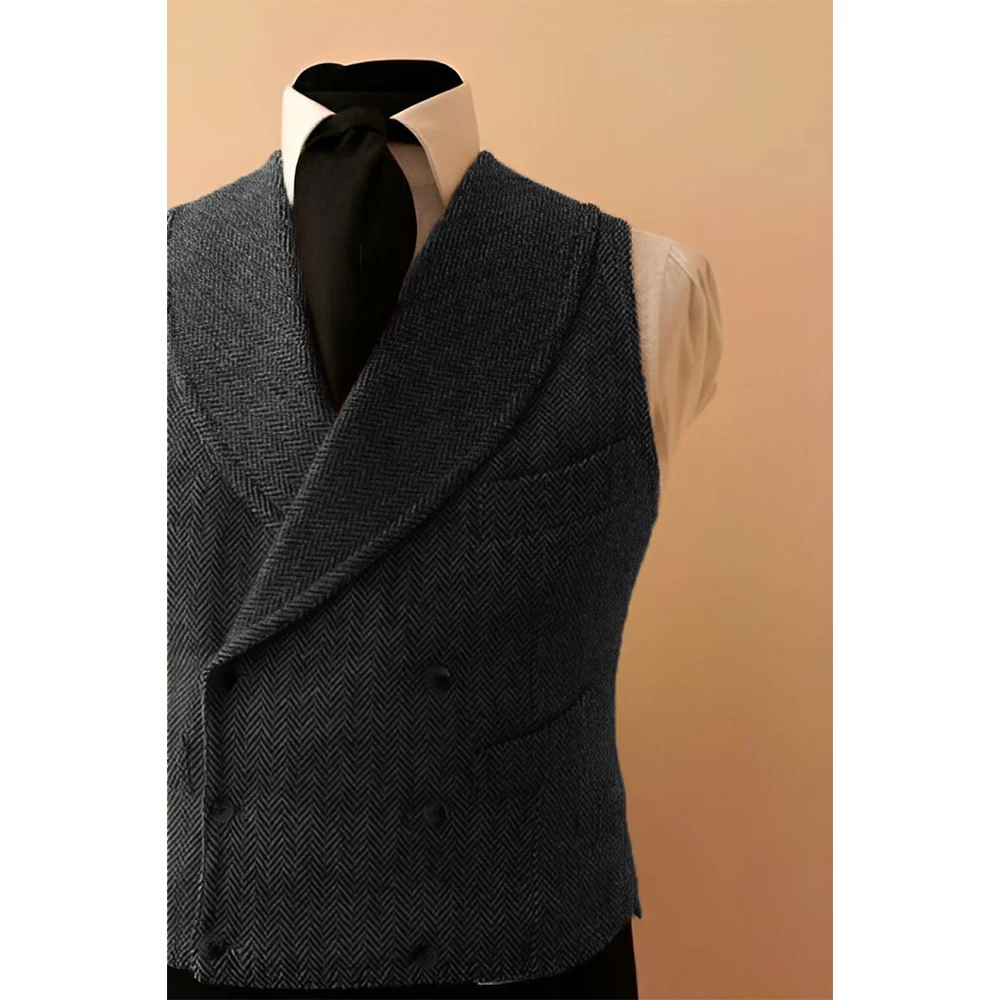Shawl Lapel Men's Leather Vest Male Dress Casual Herringbone Tweed Double Breasted Sleeveless Jacket Vests for Men Dress Up