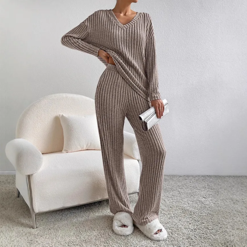 Autumn Winter Ribbed Knit Two Piece Set Womens V Neck Long Sleeve Top Wide Leg Pants Loungewear Casual Solid Color Outfit