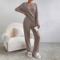 Autumn Winter Ribbed Knit Two Piece Set Womens V Neck Long Sleeve Top Wide Leg Pants Loungewear Casual Solid Color Outfit - Image 3
