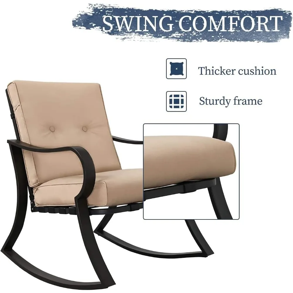 Outdoor Furniture 3 Piece Conversation Bistro Set Rocking Chairs and Glass Top Table, Thick Cushions, Black Steel 4