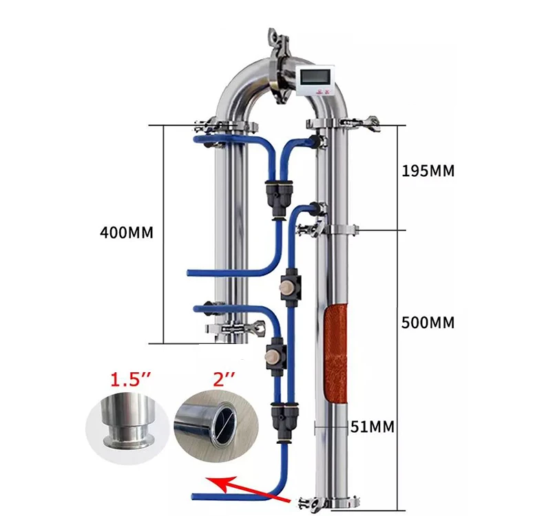 2" Distilling Chiller for Home Brew Use, Distiller Column with Sight Glass for Alcohol Extraction
