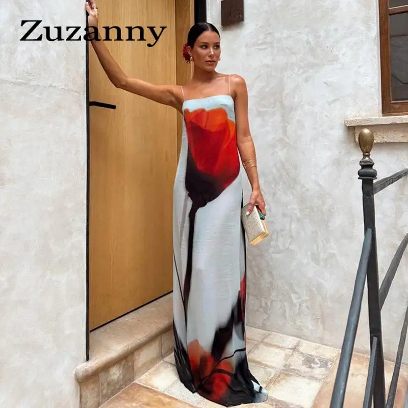 

Zuzanny Summer See Through Spaghetti Strap Floral Print Maxi Dress Women Sexy Mesh Holiday Long Dresses Beach Party Outfits