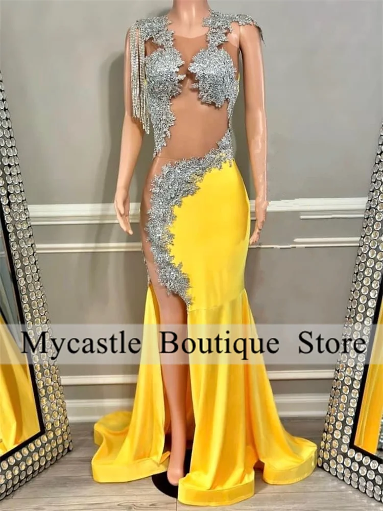 

Sexy Yellow Beaded Prom Dresses 2024 For Black Girls Appliques Evening Dress Tassels Side Slit Party Gown Robe De Bal Aso Ebi