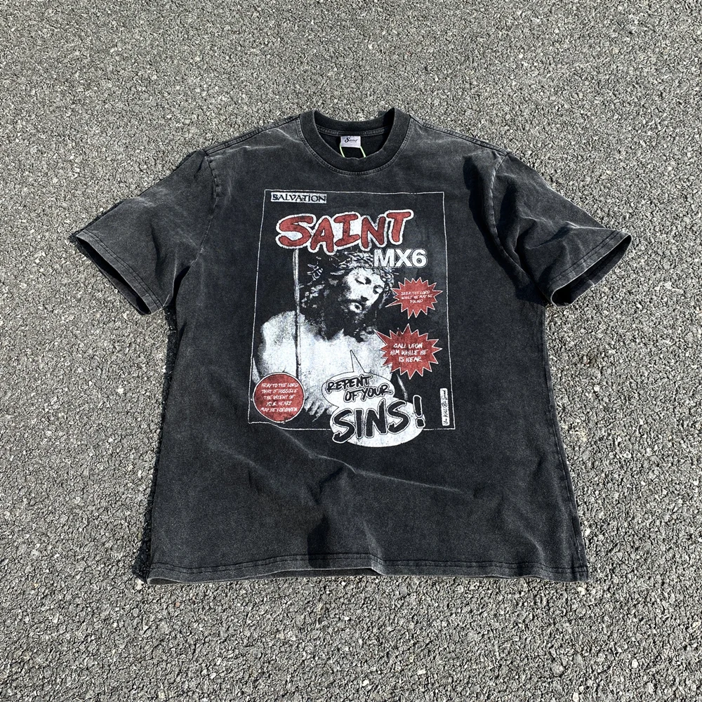

Kanye666 Fashion Streetwear SAINT MICHAEL Character Graphics Printed Vintage Clothing Loose Oversized Tees Tops T Shirt For Men