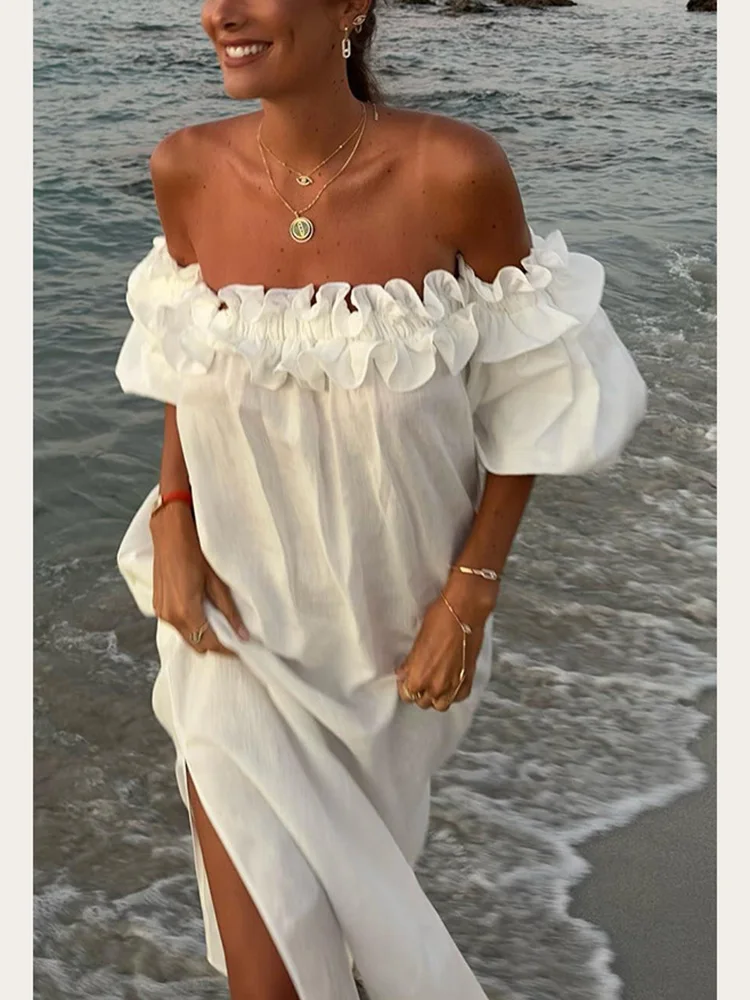 

Sexy Off Shoulder Ruffles Dress Women Summer Puff Sleeve High Slita-line Loose Casual Vacation Beach Party Dresses Long Vestidos