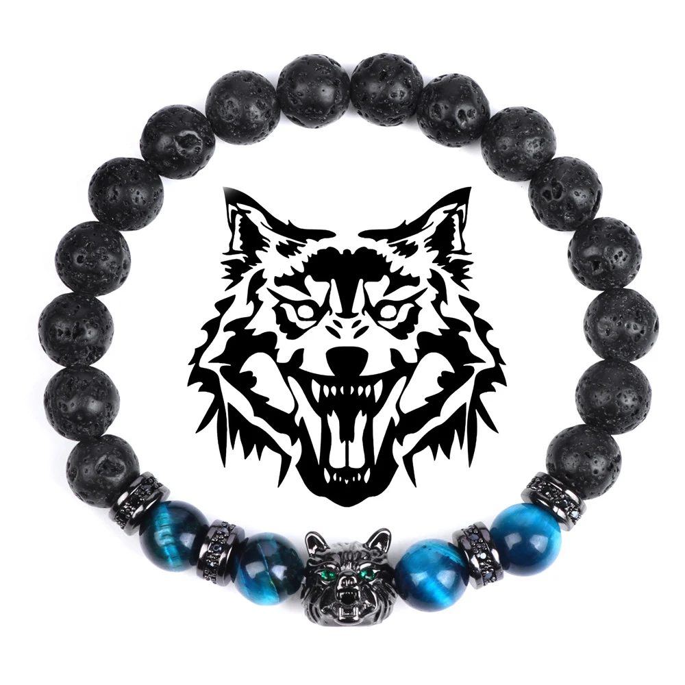 Wolf Charm Bracelets Men Natural Black Lava Stone Bracelets Brave Tiger