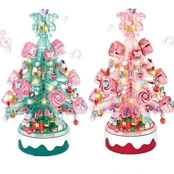 DIY Lights Christmas Tree Music Box Pink Gifts Train Elk Santa Claus Architecture Xmas Building Blocks Bricks Kits Toys
