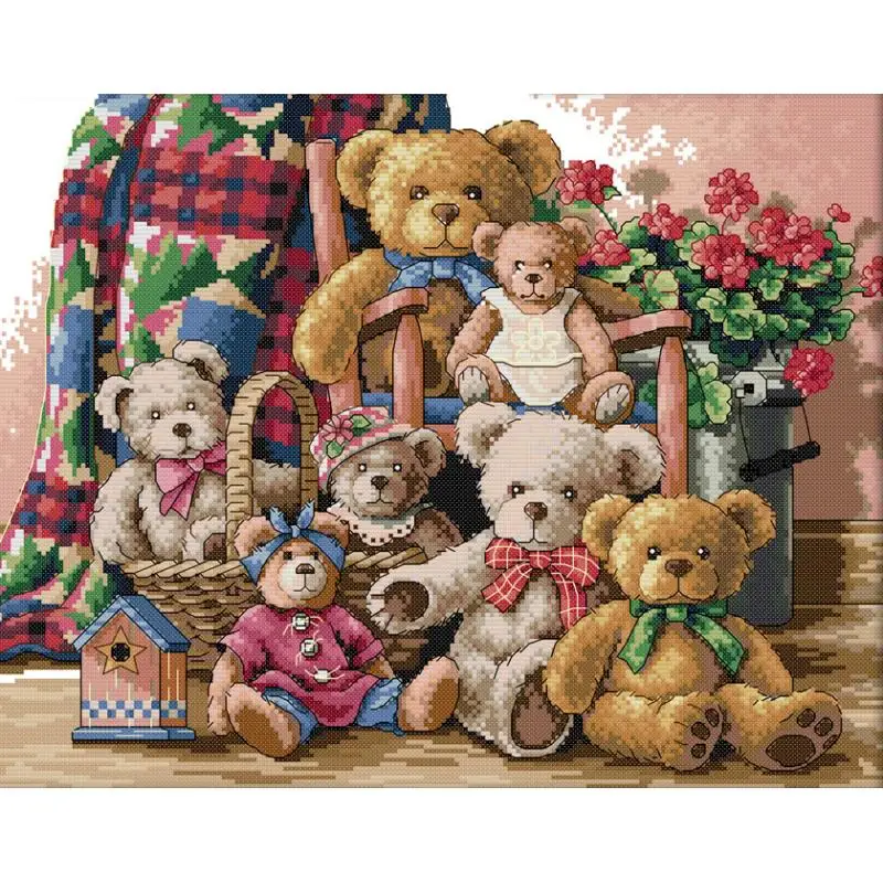 Bear Family Cartoon Cross Stitch Kit Aida 14CT 16CT 11CT Printed Fabric Sewing Set