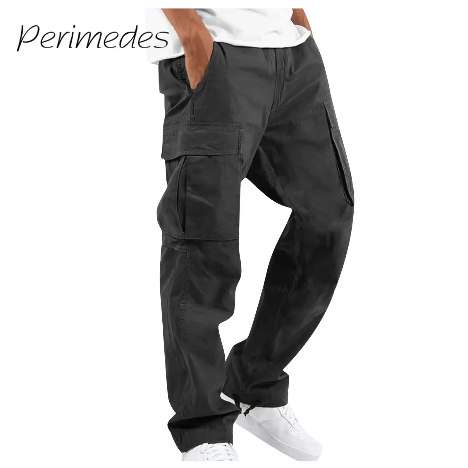 Men'S Overalls Drawstring 2024 Pants Multi Pocket Casual Hiking Summer Trousers Cotton Twill Basic Durable Fashion Pantalones