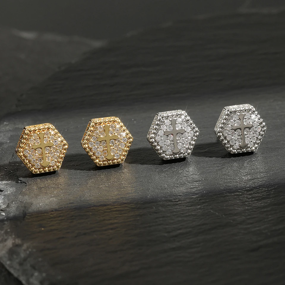 RAKOL Cross Shaped Iced Out Zircon Hip Hop Stud Earrings for Men Women Gold Color Hexagon Pierced Earring Punk Party Jewelry 4