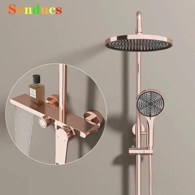 Rose Gold ห้องน้ําระบบชุด 12 นิ้วหัวฝักบัวทองเหลืองคุณภาพร้อนเย็นห้องน้ําระบบก๊อกน้ําอุปกรณ์เสริม 1
