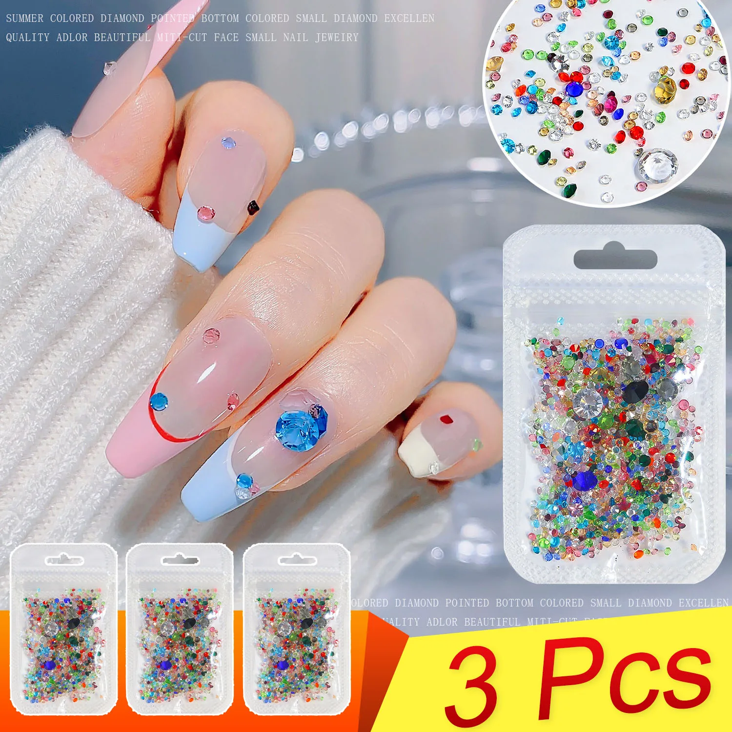 

3 Pieces/Lot Nail Rhinestones Mixed Size Colors Charming Glitter False Nail Decoration Fake Nails Art Tools