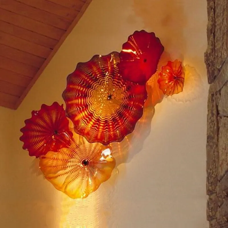 

Designer Art Orange Red Flowers for Wall Gallery Handmade Murano Glass Platter Decorative Artistic Plates Wall Sconces