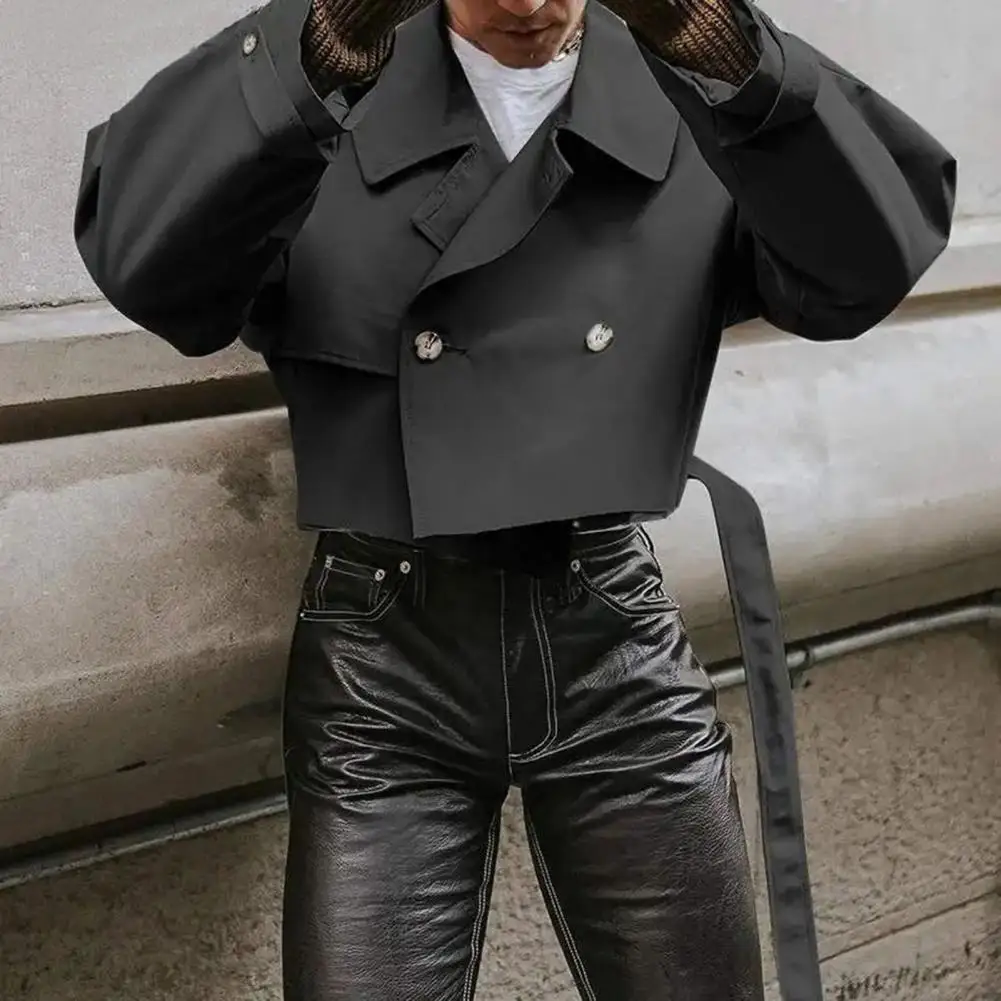 Outdoors Cropped Windbreaker Jacket Retro Style Lapel Long Sleeve Single Breasted Windbreaker With Belt Fashion Men's Clothing