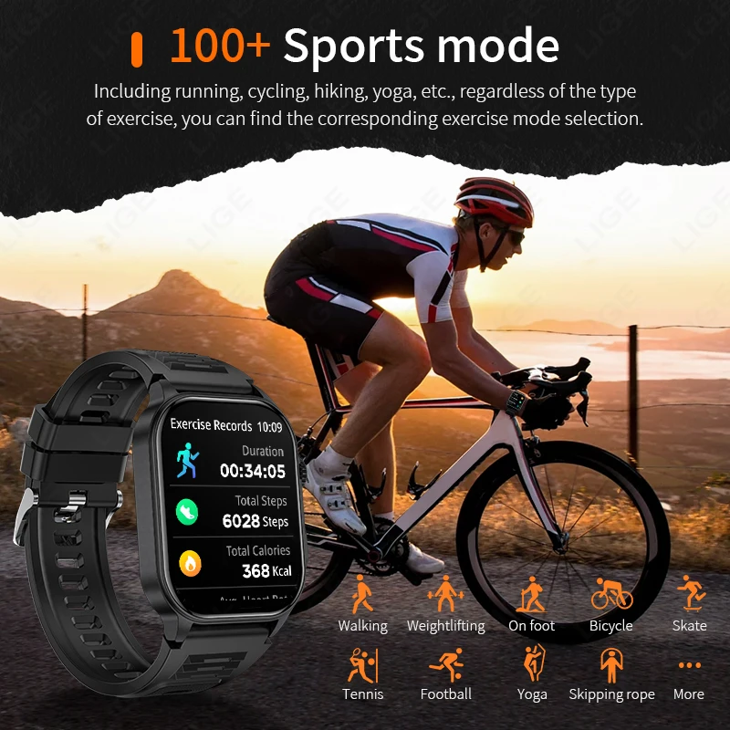 LIGE New Smart Watch Men AI Voice Bluetooth Call Fitness Sport Watches Blood Pressure Health Monitor 2.01" HD Display Smartwatch