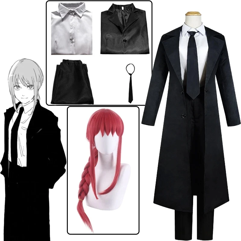 Anime Chainsaw Man Makima Costume Cosplay Nero Trench Shirt Tie Pants Makima Parrucca Lunga Luce Rossa Treccia Uomo Donna Vestito Uniforme