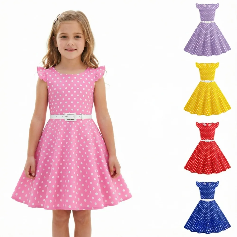 Girls' Vintage Dresses Fashion 50s 60s Polka Dot Print Sleeveless Long Dress With Belt Princess Dress Summer Children Clothes