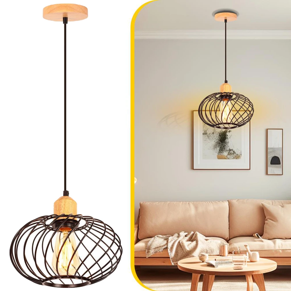 

Ретро-подвеска из дерева в стиле индастриал, моделируемый геометрический Железный Абажур, Подвесная лампа для ресторана, коридора, комнатный осветительный прибор
