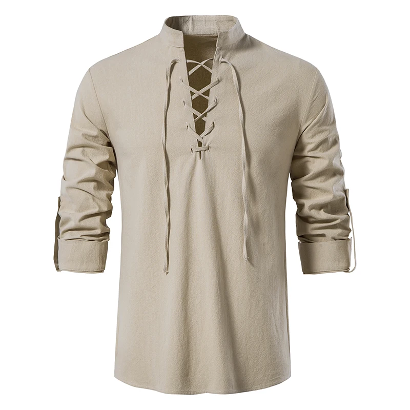 

New Men's Casual Blouse Cotton Linen Shirt Tops Long Sleeve Loose Tee Shirts Spring Autumn Slanted Placket Vintage Henley Shirts