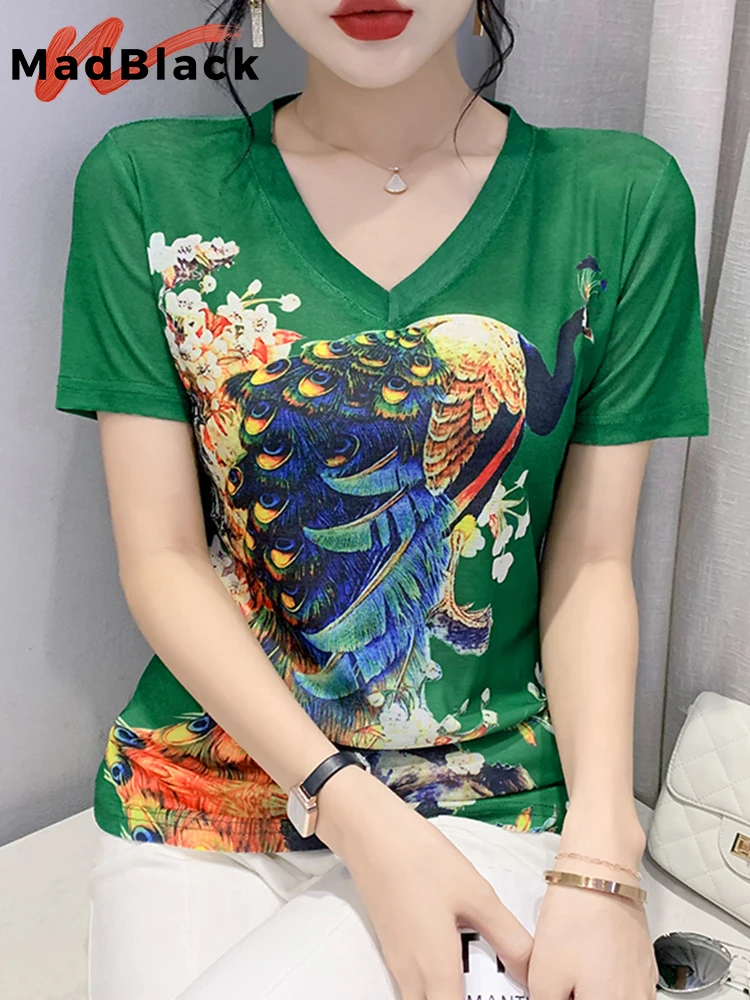 

Женская футболка с V-образным вырезом, коротким рукавом и принтом павлина