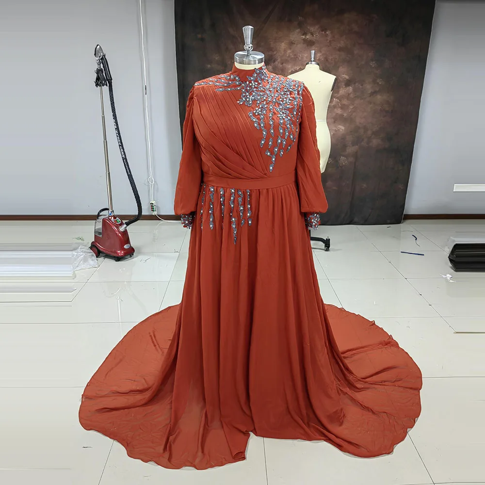 

SoDigne Modern Satin A Line Prom Dresses High Neck Pleat Beading Crystal Dubai Long Sleeves Women Formal Evening Gown