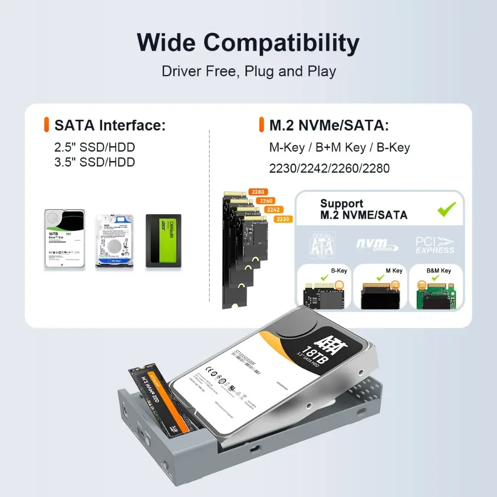 MAIWO   Ŭ, M.2 NVMe/SATA 2.5, 3.5 ġ SATA SSD/HDD  ϵ ̺, USB 3.2, 10Gbps HDD ̽, USB C ̽ PC