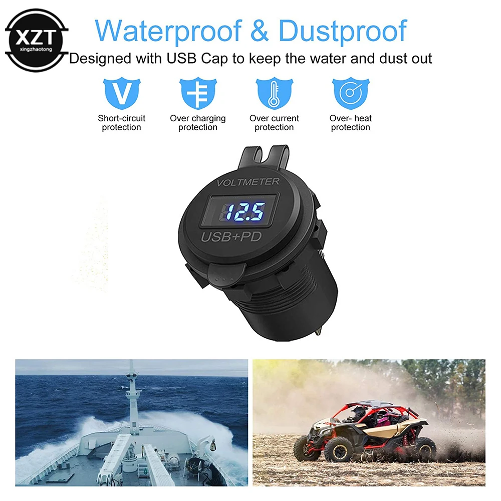 

Three Port 12V/24V USB Charger Socket Dual 18W Quick Charge 3.0& 20W PD USB-C For Car Motorcycle With Voltmeter and Power Switch