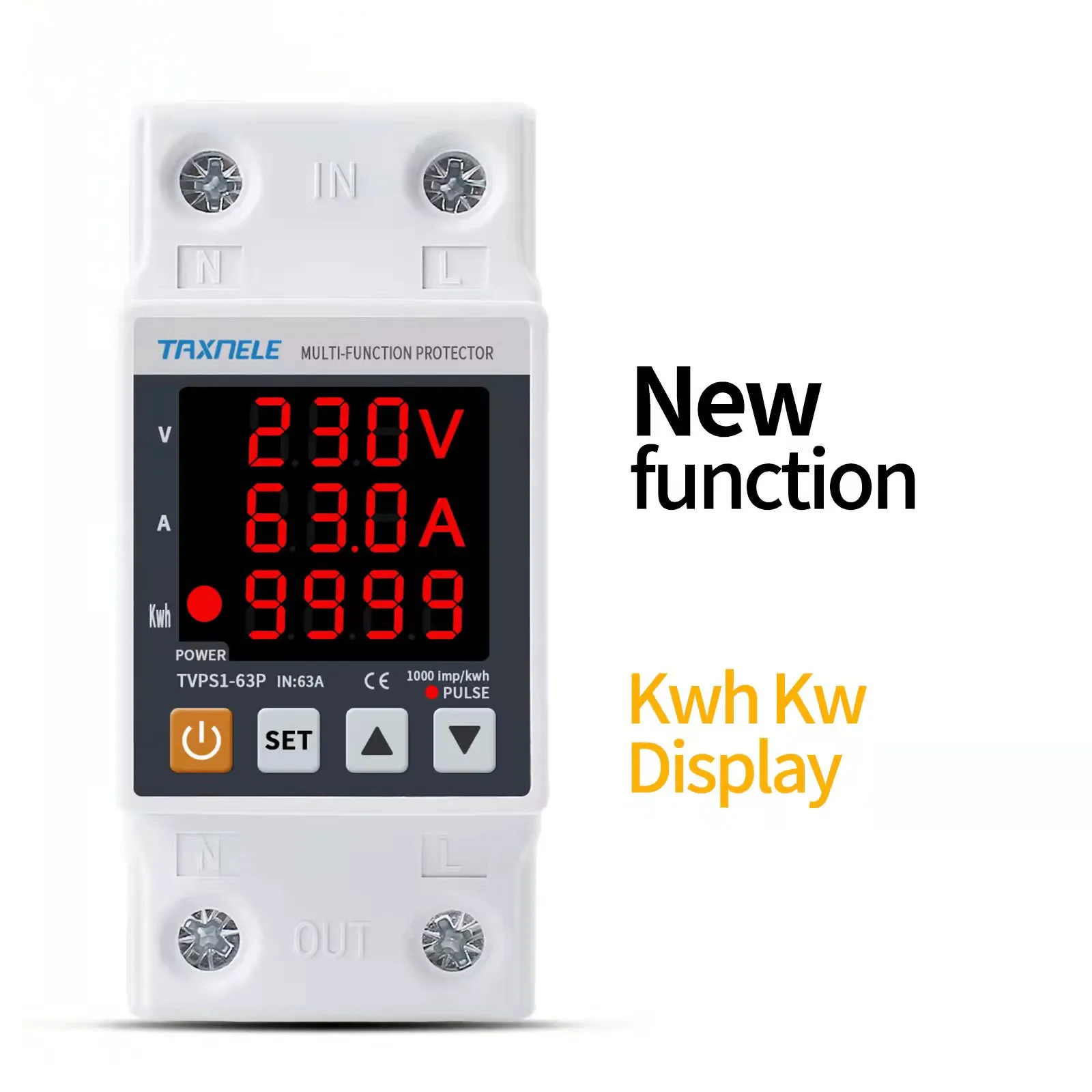 TAXNELE TVPS1-63P 63A 230V 3IN1 Display Din rail adjustable over under voltage surge protector relay  over current protect   Kwh Power  watt Meter - AliExpress 13