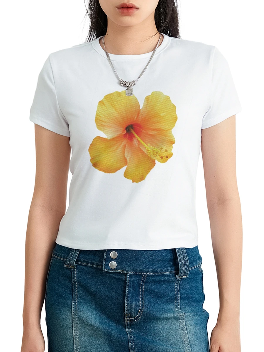 

Women T-shirt Crew Neck Short Sleeve Flower Print Slim Fit Summer Tops for Casual Daily