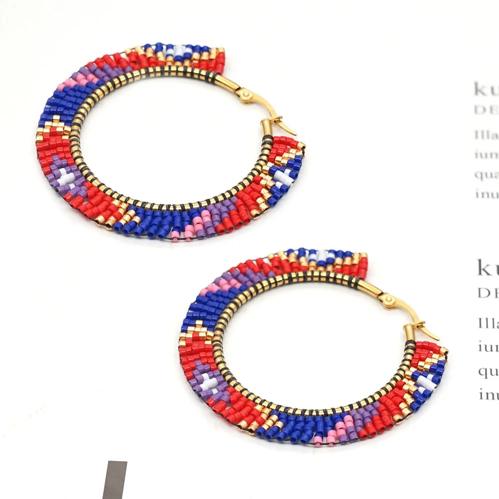 

Miyuki Rice Beads Handmade Large Hoop Earrings Women's Simple Bohemian Ethnic Style Beaded Color-block Geometric Earrings