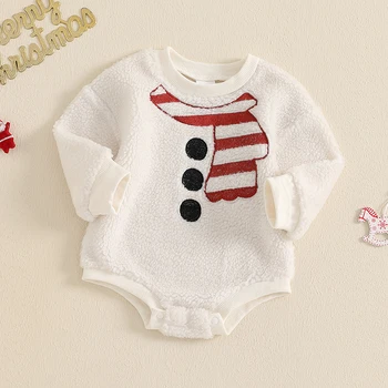 Baby Girls Boys Christmas Romper Autumn Winter Long Sleeve Crew Neck Embroidery Scarf Fleece Jumpsuit for Newborn Infants 2