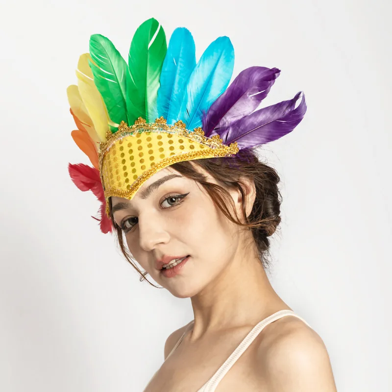 Colorful Feather Headdress Head-mounted Feather Colored Headwear Adjustable Chief Headdress Fancy Dress Party feather headdress