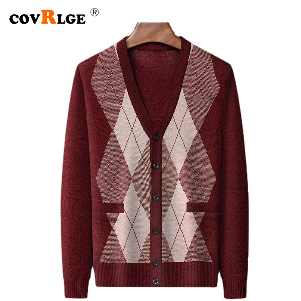 

Covrlge Autumn Autumn Winter Men's Cardigan Yarn-dyed Jacquard Sweater Coat for Men Single-breasted Real Pocket Warm Male MWK065