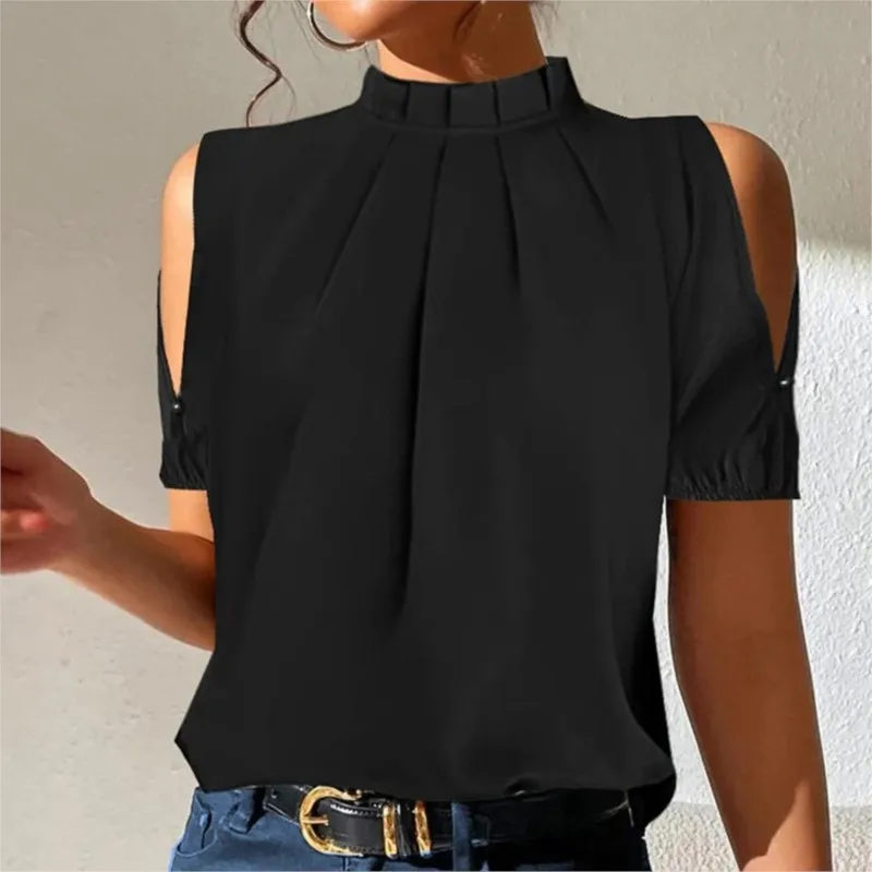 Black Off Shoulder Short Sleeved Shirt For Women's Summer New Solid Standing Collar Blouse Tops Femme Blusas 2025 elegante